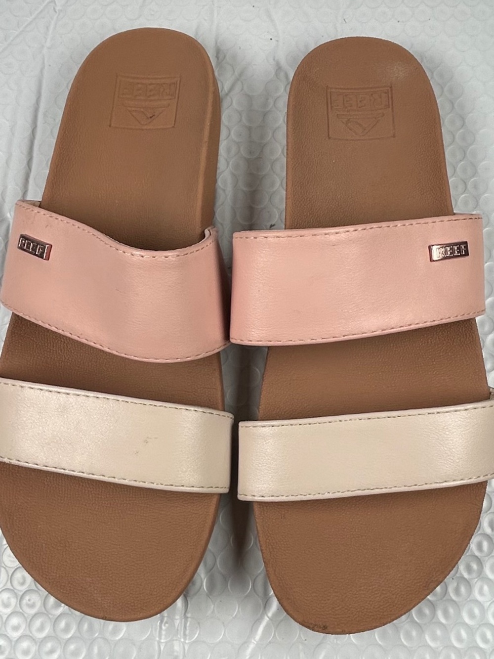 Reef Women's Cushion Vista Slide Sandals 2-Strappy Summer Pink Beige Beach Sz 8